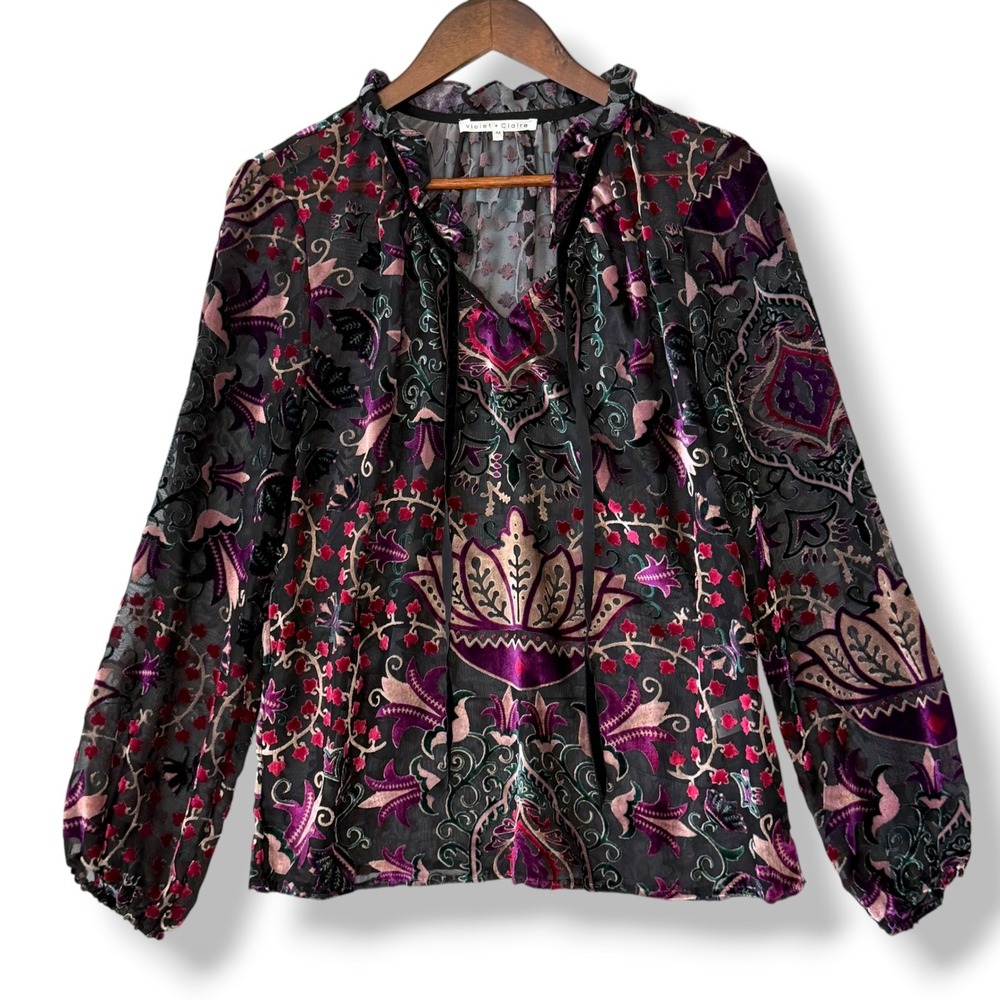 Violet + Claire Blouse M Green Purple Velvet Burnout Sheer Boho Renaissance Chic